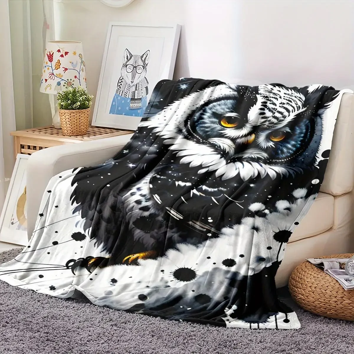 

Splash Ink Style Owl Digital Print Blanket Soft Cozy Lunchtime Fleece Blanket Sofa Bed Office Camping Travel Cozy Soft Blanket