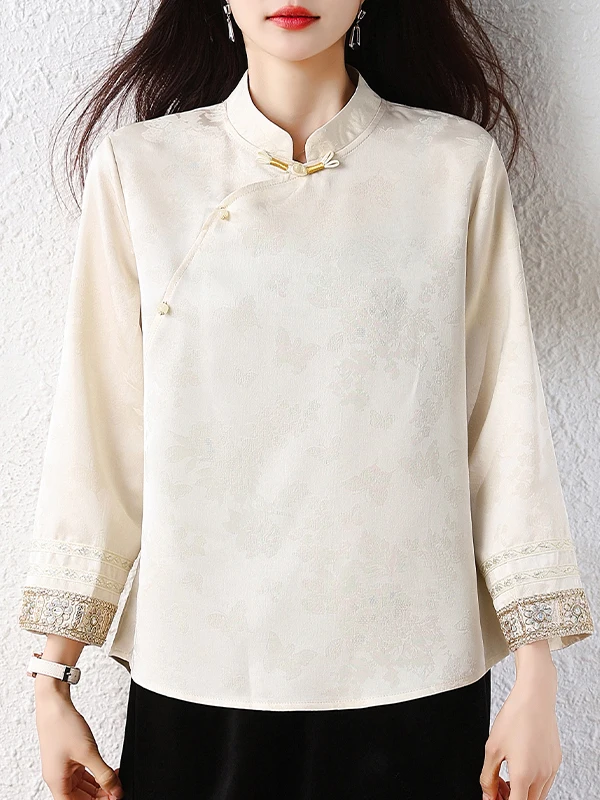 New Chinese Style Embroidered Base Shirt Women's Top Spring Autumn New Style National Trend Button up Half High Collar Shirt