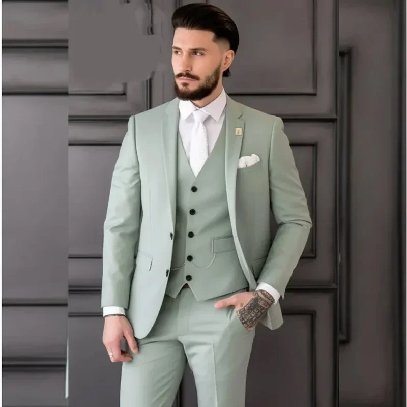 

3 Piece Mint Green Full Set Notched Lapel Single Breasted Flat Regular Length Fashion Men Suits Jacket Pants Vest