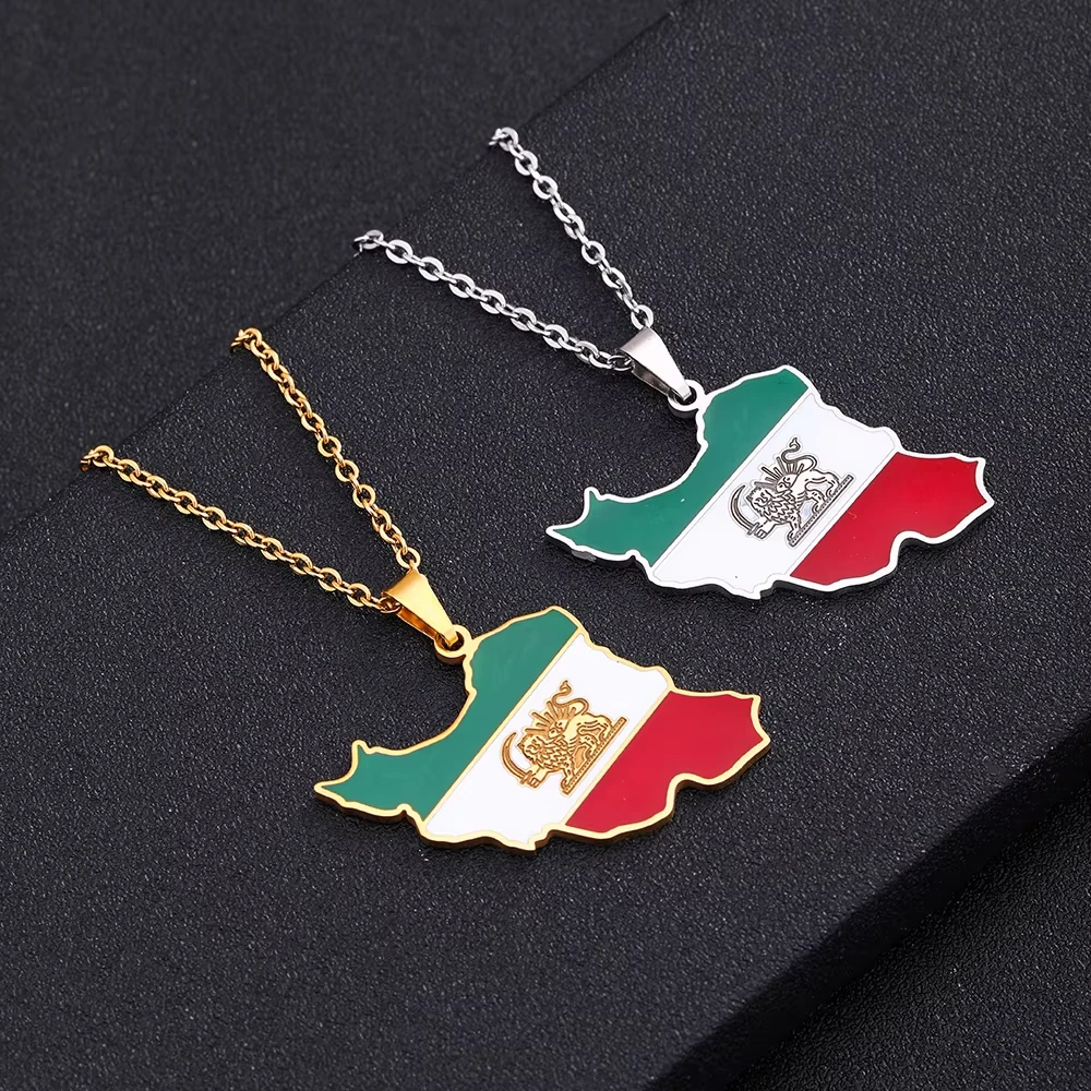 Fashion Lion Sun Iran Map Flag Pendant Neckalces Stainless Steel Men Women Gold Steel Color Iranian Ethnic Jewelry Gifts