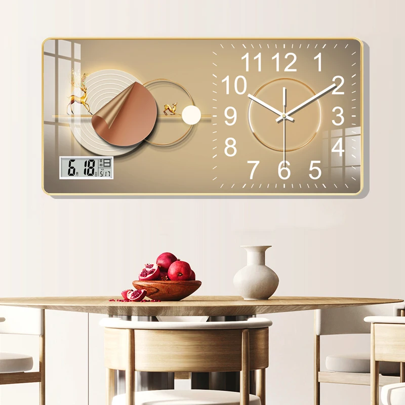 Living Room Decorative Clock Wall Clock Fashion Temperature Calendar Clock Punch Free Decorative Painting Clock