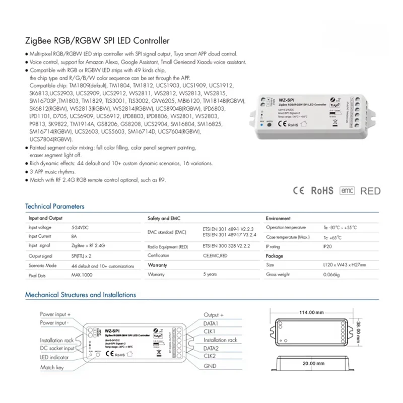 

ABLN-5V-24V Tuya Zigbee Wi-Fi APP SPI светодиодный контроллер WZ-SPI управление 1000 пикселей светодиодный для WS2811 2812B SK6812 RGB/RGBW полосовая лампа