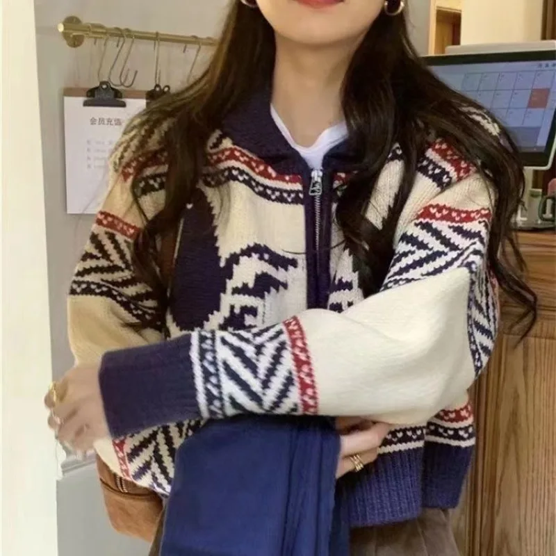 Retro Printed Color Block Cardigan Women Coat Sweater Cardigan Female Long Sleeved Knitted Loose Cardigan Autumn Winter