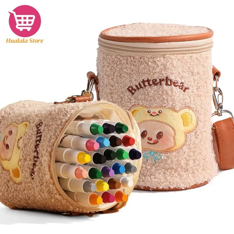 24/36 Colors Cartoon Butter Bear Oil Pastel Barrel Bag Suit Cute Fast Dry Spinning Washable Shoulder Strap Children'S Painting