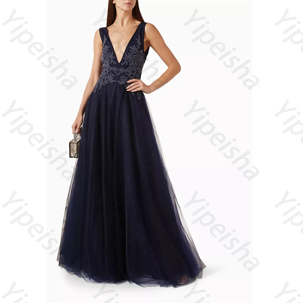 فساتين سهرة أنيقة عالية الجودة تول لبطول الأرض ورقبة على شكل حرف v بدون أكمام فستان حفلة موسيقية مطرز بالخرز فيستدوس دي فييستا مخصص