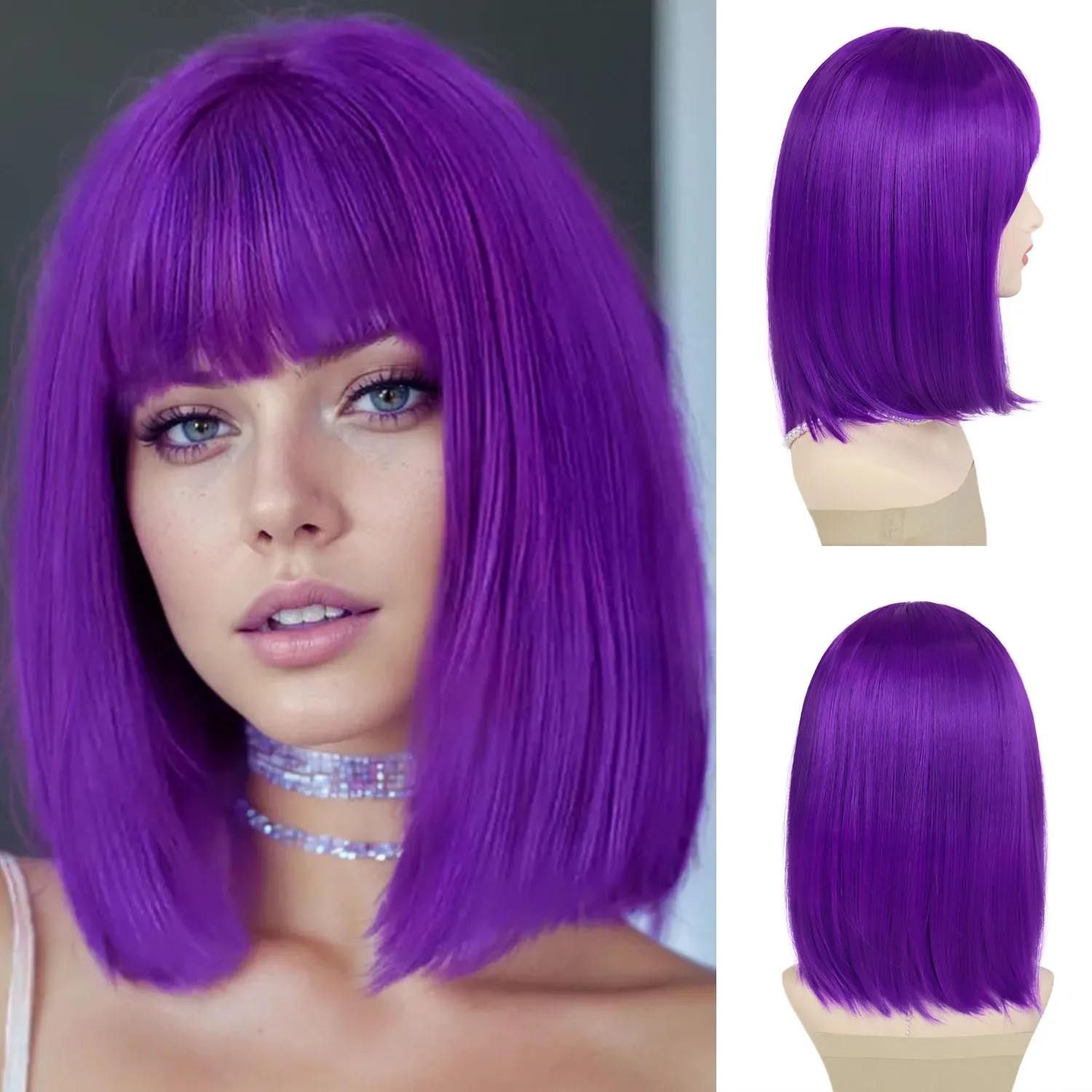 

Fashion Wig Set Short Straight Halloween Wigs for Women Girls Cosplay Costume Hair Purple Bob Wig with Love Glasses Shakira Wig