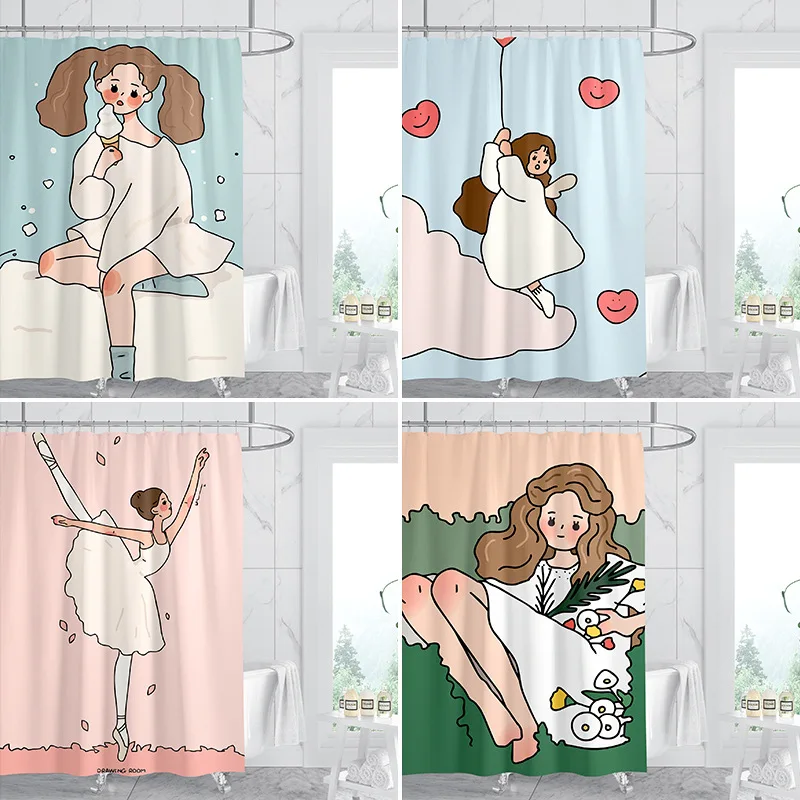 

Моющаяся грязеотталкивающая занавеска для душа с мультяшной девушкой, водонепроницаемая полиэстеровая занавеска для душа для домашнего декора, аксессуары