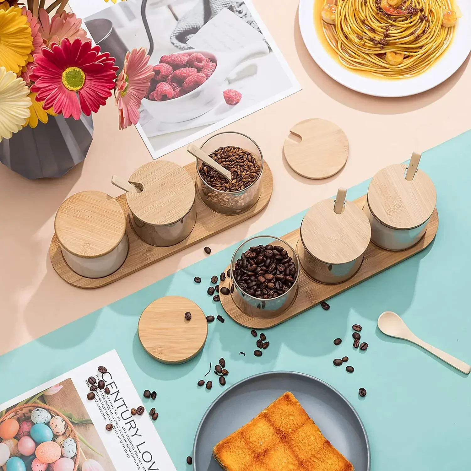 Bamboo Kitchen Storage Rack Set with Glass Spice Containers And Bamboo Covers - Spice Organizer And Tissue Holder