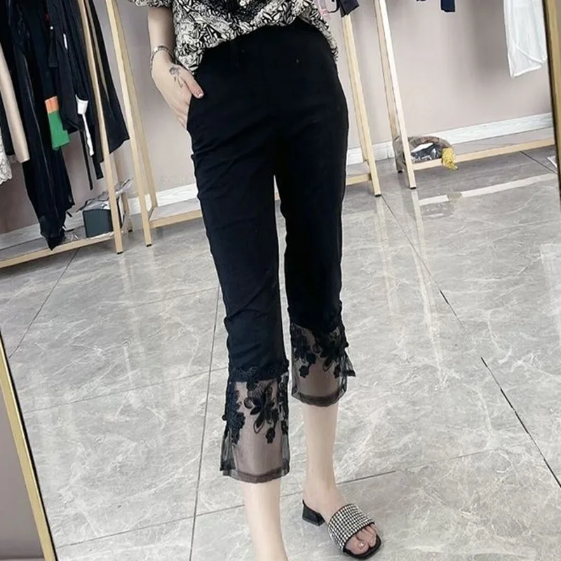 Solid Color Thin Slim Ladies Pencil Summer Fashion Patchwork Lace Hollow Out High Waist Women\'s Clothing Black Calf-Length Pants