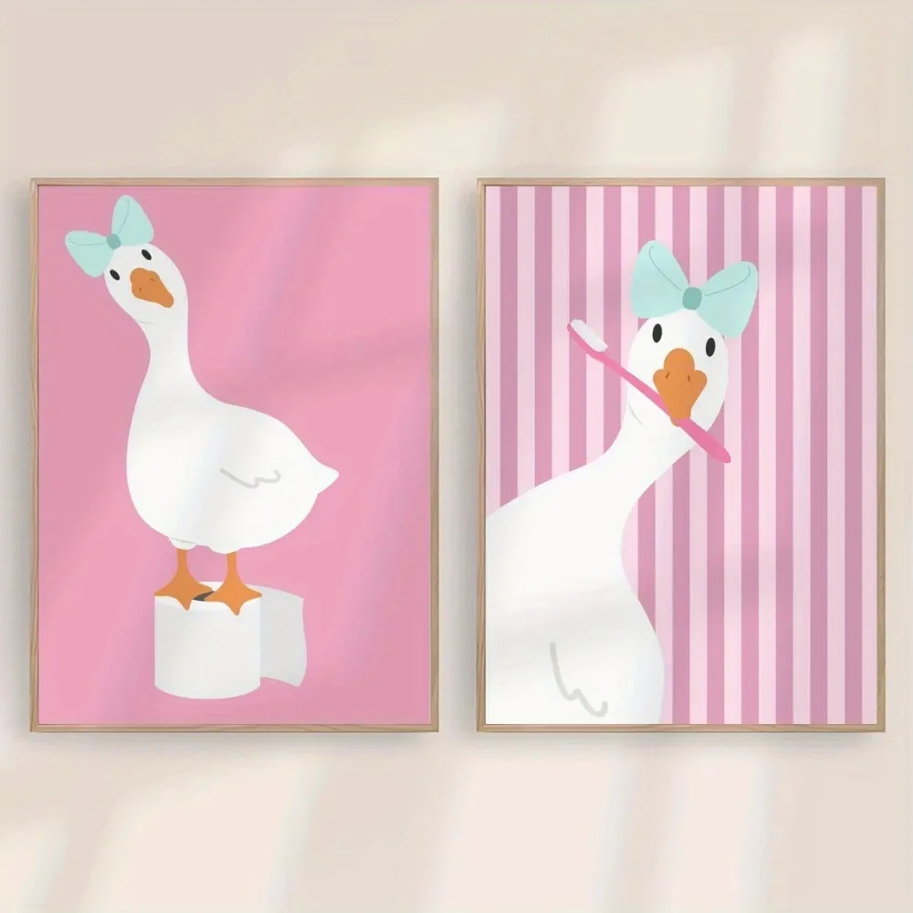 2pcs Frameless,Funny Pink Washing Duck Print,Cute Girly Paper Roll Toothbrush Canvas Painting,Decoration of Bathroom and Toilet