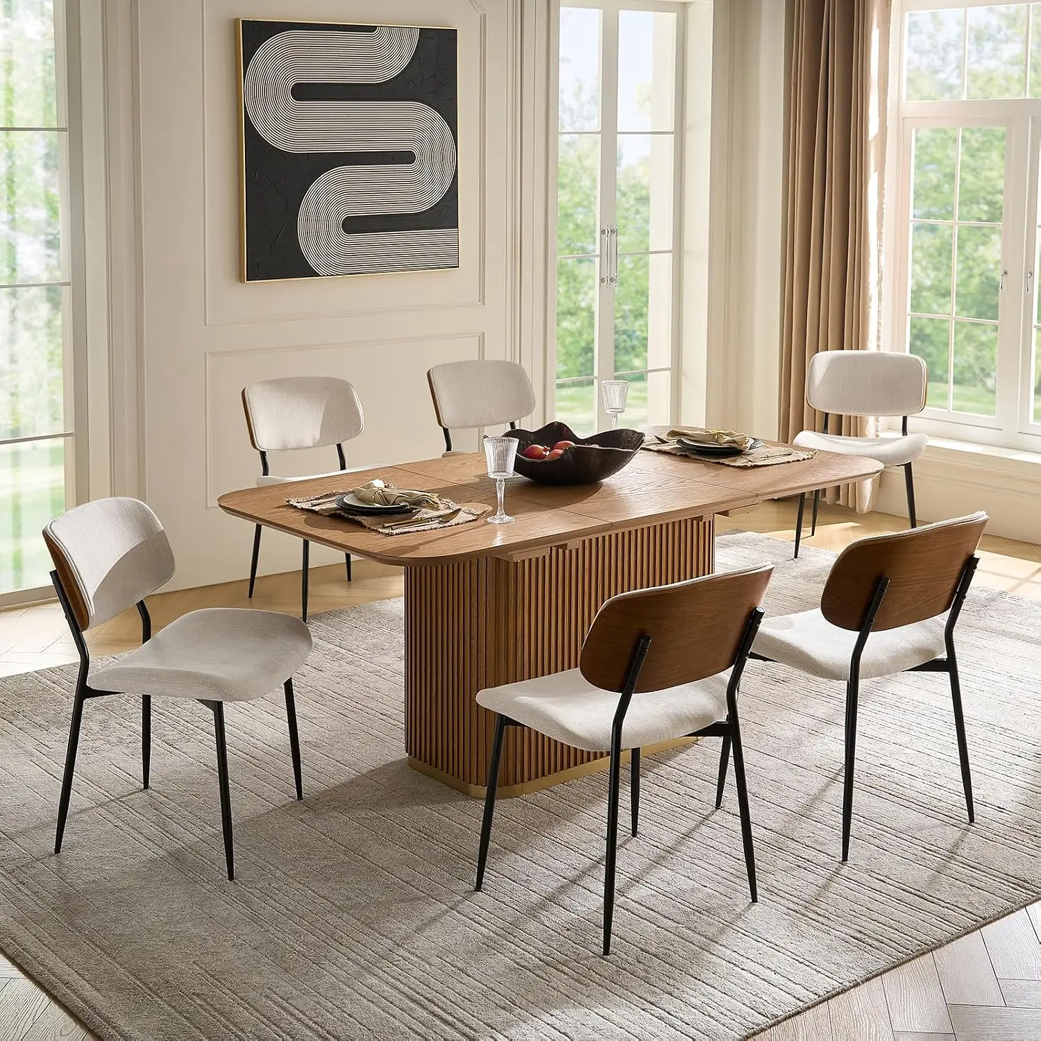 Mid-Century Upholstered Dining Chair 6 Pack Wood Backrest & Black Metal Legs Fabric Kitchen Chair , Customized