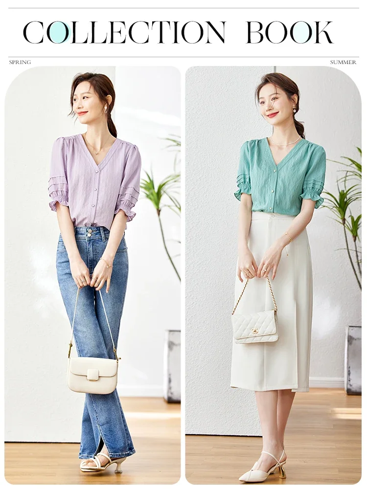 Vimly Elegant Summer Shirts & Blouses for Women V Neck Purple Fashion 2023 New Puff Sleeves Female Tops Straight Tops Clothing