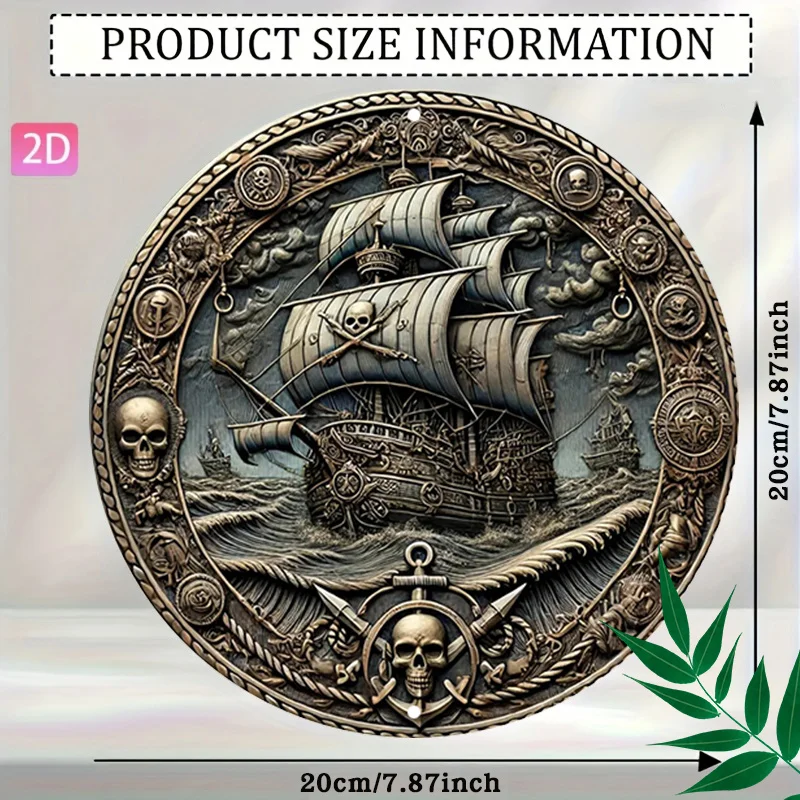 2D Flat, 2D Flat 1pc Pirate Ship Round Sign,Nautical Theme Round Wall Art,Skull Symbol Decorative Plaque,Adventure Style Perfect
