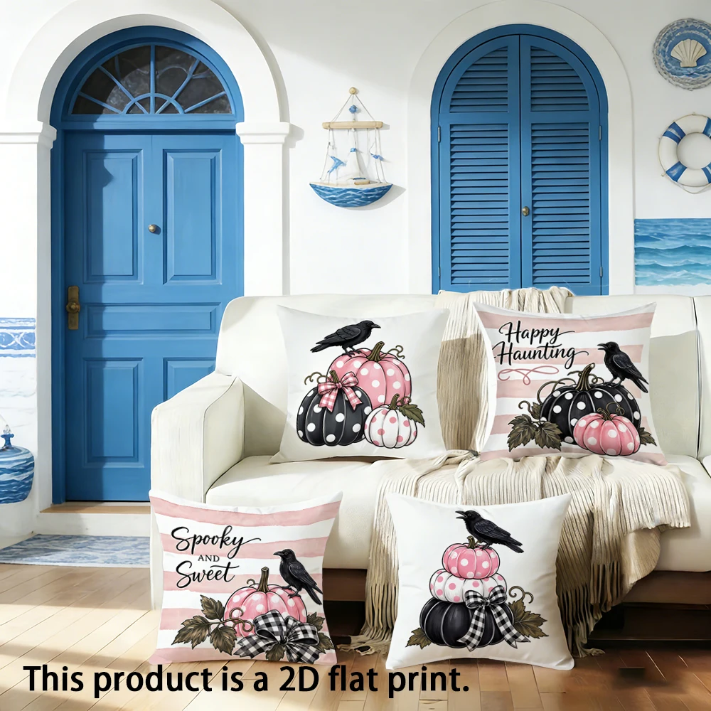1pc  Pink Black Halloween Pumpkin Crow Pillow Covers, Spooky Sweet Happy Haunting Farmhouse Cushion Cases for Sofa Bed Decor