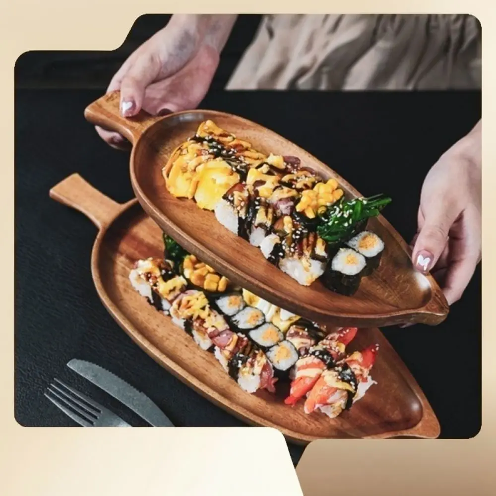 Organic Acacia Wood Serving Tray Leaf Pattern Aesthetic Snack Dish Kitchen Utensils For Sushi Fruit Food Display Plate
