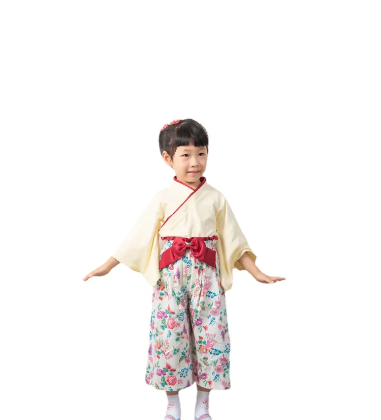 Infant Girls Spring Autumn Long-Sleeved Baby Jumpsuit Japanese-Style Red Small Floral Bowknot Printed Kimono Romper