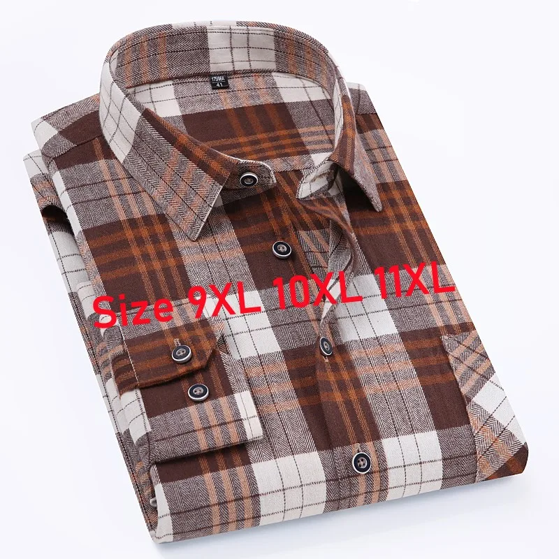 S-11XL Flannel Plaid Shirts For Men's Long Sleeve Cotton Design Young Fashion Casual Standard-Fit Thick Man Shirt Blouse Clothes