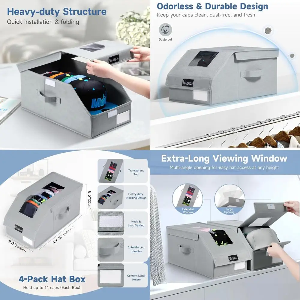 

Набор из 4 коробок для хранения головных уборов, вмещает 56 бейсболок, складные и разборные, с прозрачной крышкой, серые.