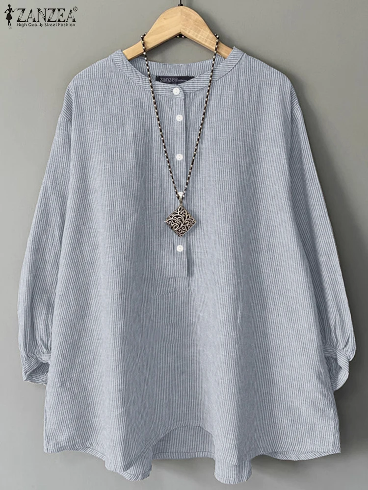 ZANZEA, blusas de otoño 2025 para Mujer, camisa informal holgada de manga larga a rayas, blusa elegante con cuello levantado para trabajo de oficina, Tops con botones para Mujer