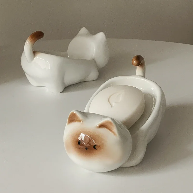 Siamese Cat Ceramic Soap Box, Simplicity, Household Creative, Cute Cartoon, Perforation-free, Small Art Drain Dish