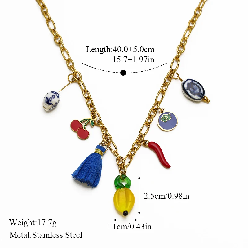 EILIECK 316L Stainless Steel Creative Chili Cherry Pendant Necklace Trendy Handmade Neck Chain Waterproof Jewelry for Women