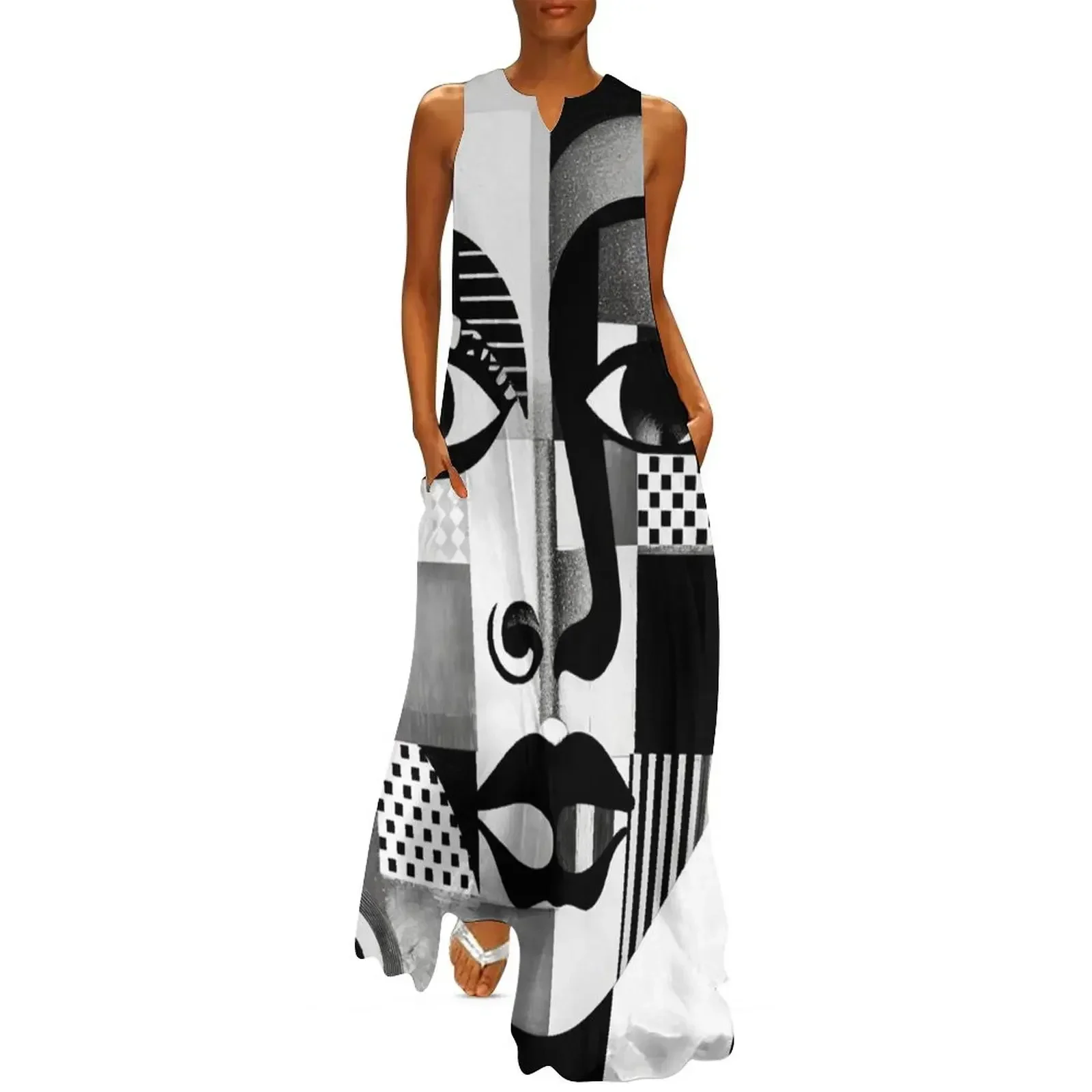 

Face Cubism Woman Painting Black and White Modern Abstract Art, Patchwork Long Dress cute dress fairy dress