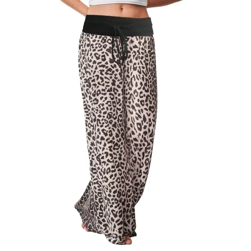 Pantalones de talla grande para primavera y otoño, pantalones de cintura elástica a la moda para mujer, pantalones holgados con cordón y estampado de leopardo, pantalones de piernas anchas