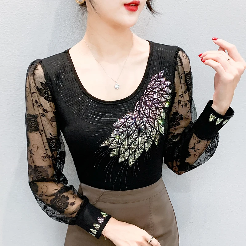 

2025 Spring Autumn Women Lace Tops Patchwork Mesh Shirt Round Neck Long Sleeve Diamond T Shirt