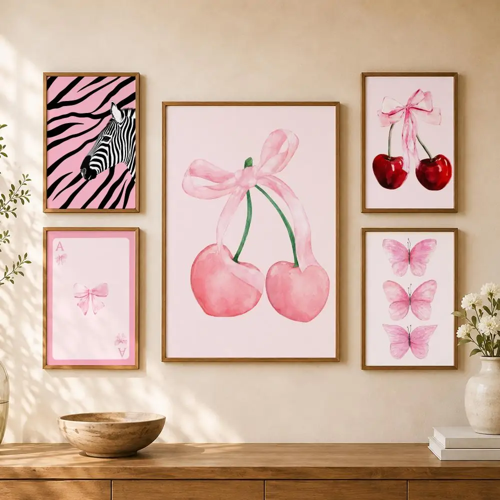 Pink Coquette Bows Cherries Butterflies Ballet Girly Aesthetic Poster Home Room Cafe Club Decor Aesthetic Art Wall Painting
