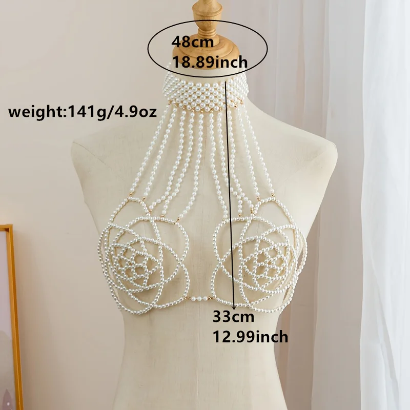 Fashionable Imitation Pearl Bra Body Chain Strapless Outerwear Dress Vest Top Necklace Flower Chest Decoration Handmade Beading image 6