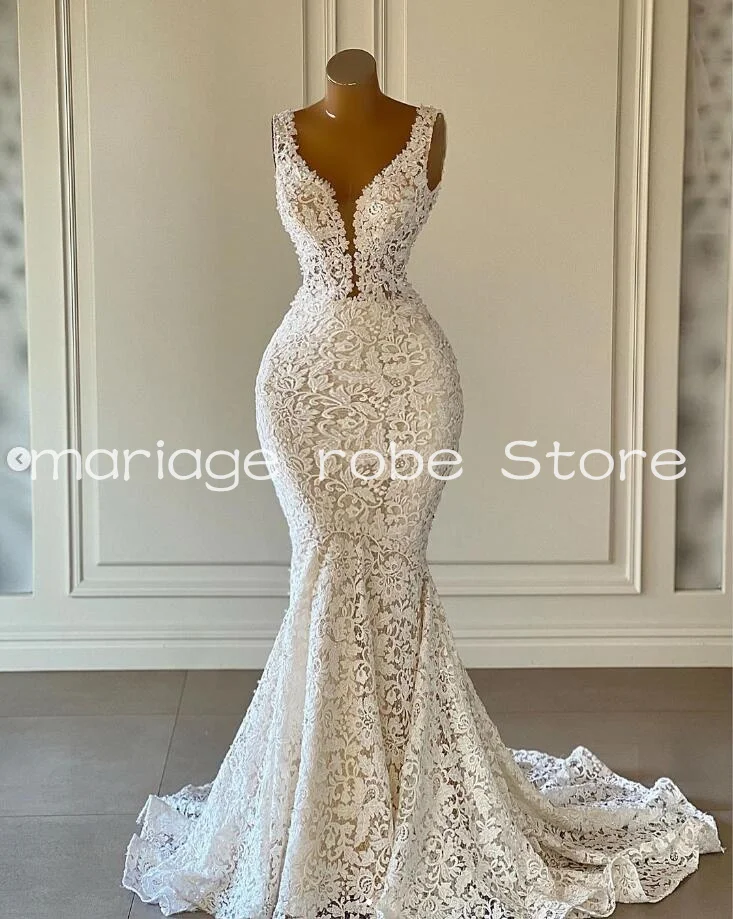 Modern V-neck Mermaid Beach Wedding Dresses Lace Pearls Sleeveless Ruffles Chapel Train Country Bridal Gown Outfit customsized