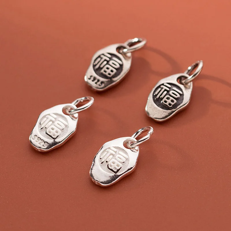 1pc/Lot S925 Silver Good Luck Chinese Blessing Pendants 11.7x2.5mm Irregular Silver Dangler Lucky Charms DIY Jewelry Accessories