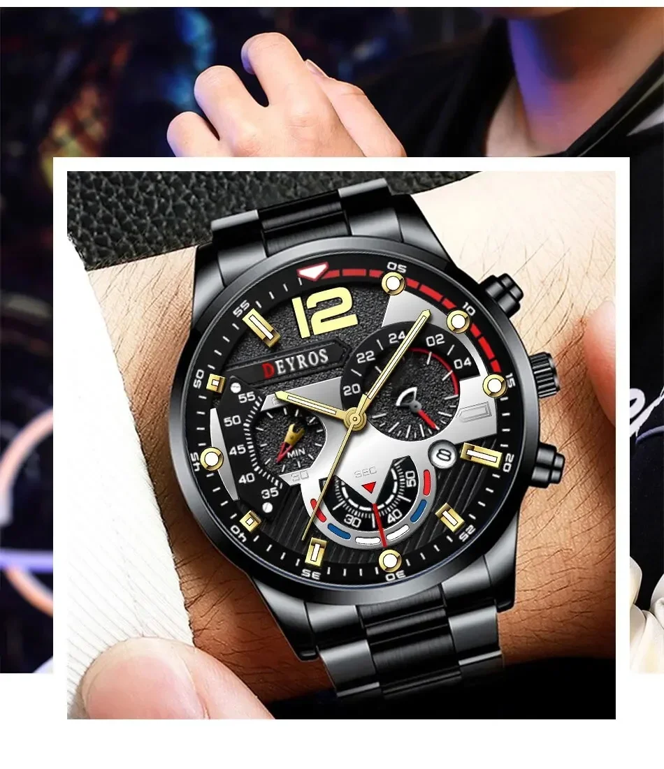 New Geneva Leisure Business Men\'s Watch Fashion Three Eyes Military Quartz Watch Stainless Steel Waterproof Gentleman Wristwatch