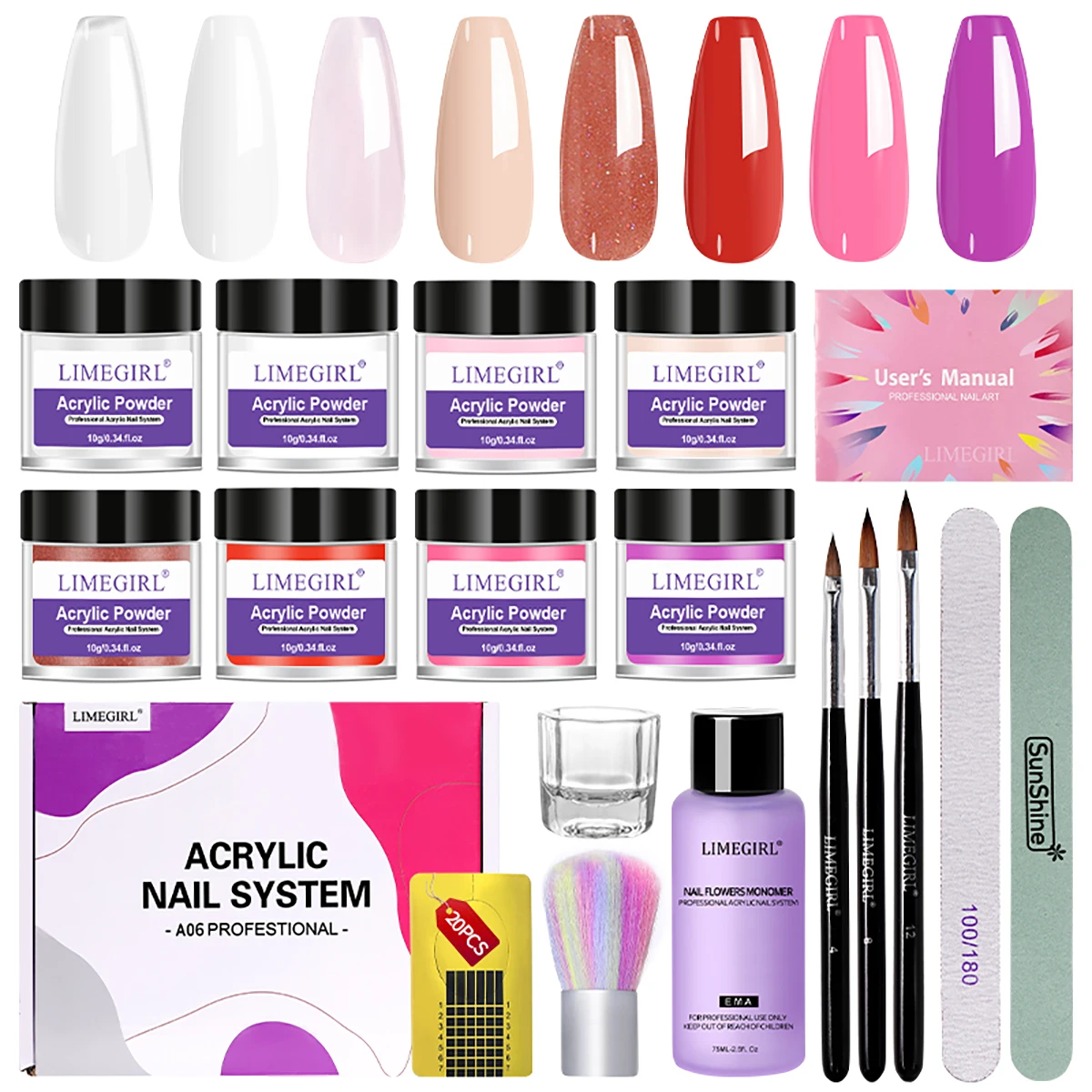

LIMEGIRL 8 Colors Acrylic Powder Set High Saturation for Crystal Nails, Extensions & Sculpting, Essential Kit for Beginner & Pro