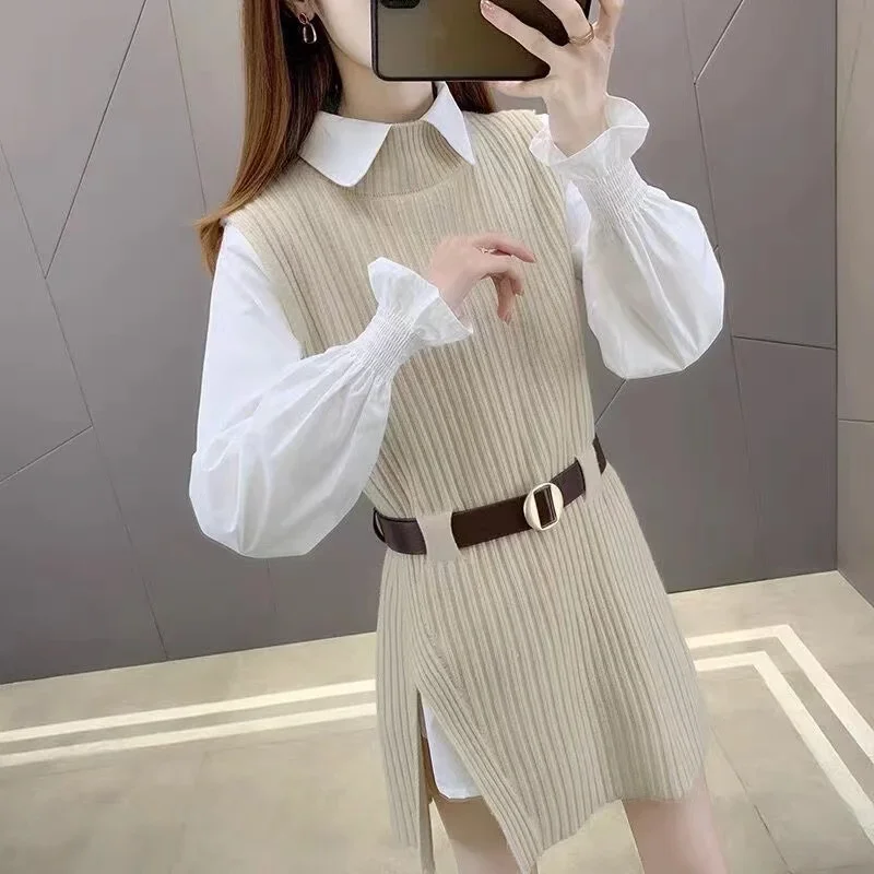 2Pcs Set Office Lady Outfits Korean Fashion Women College Winter Autumn Knitted Sweaters Vest + White Blouse Casual Belt Suit