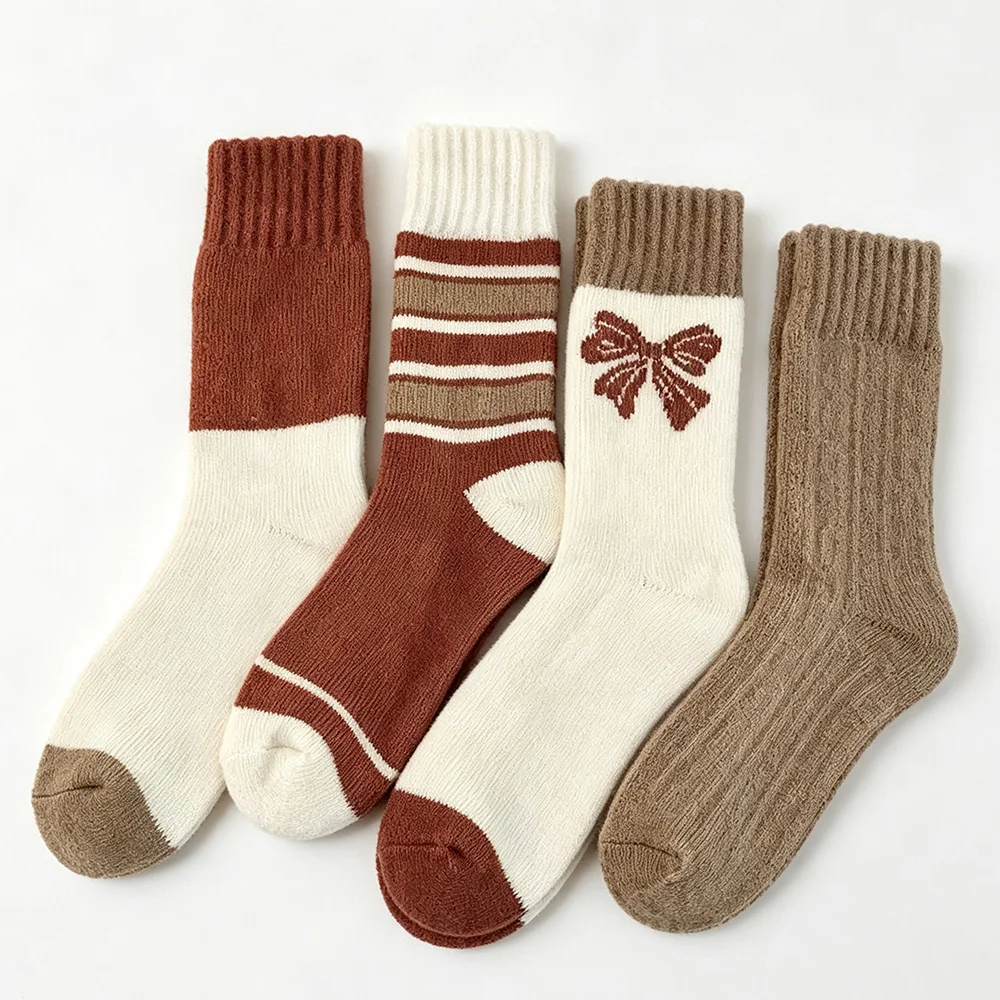 Women Winter Thermal  Socks 4 Pairs Vintage Bow knot Striped Color Block Jacquard Thick Warm Soft Knit Casual Daily Socks