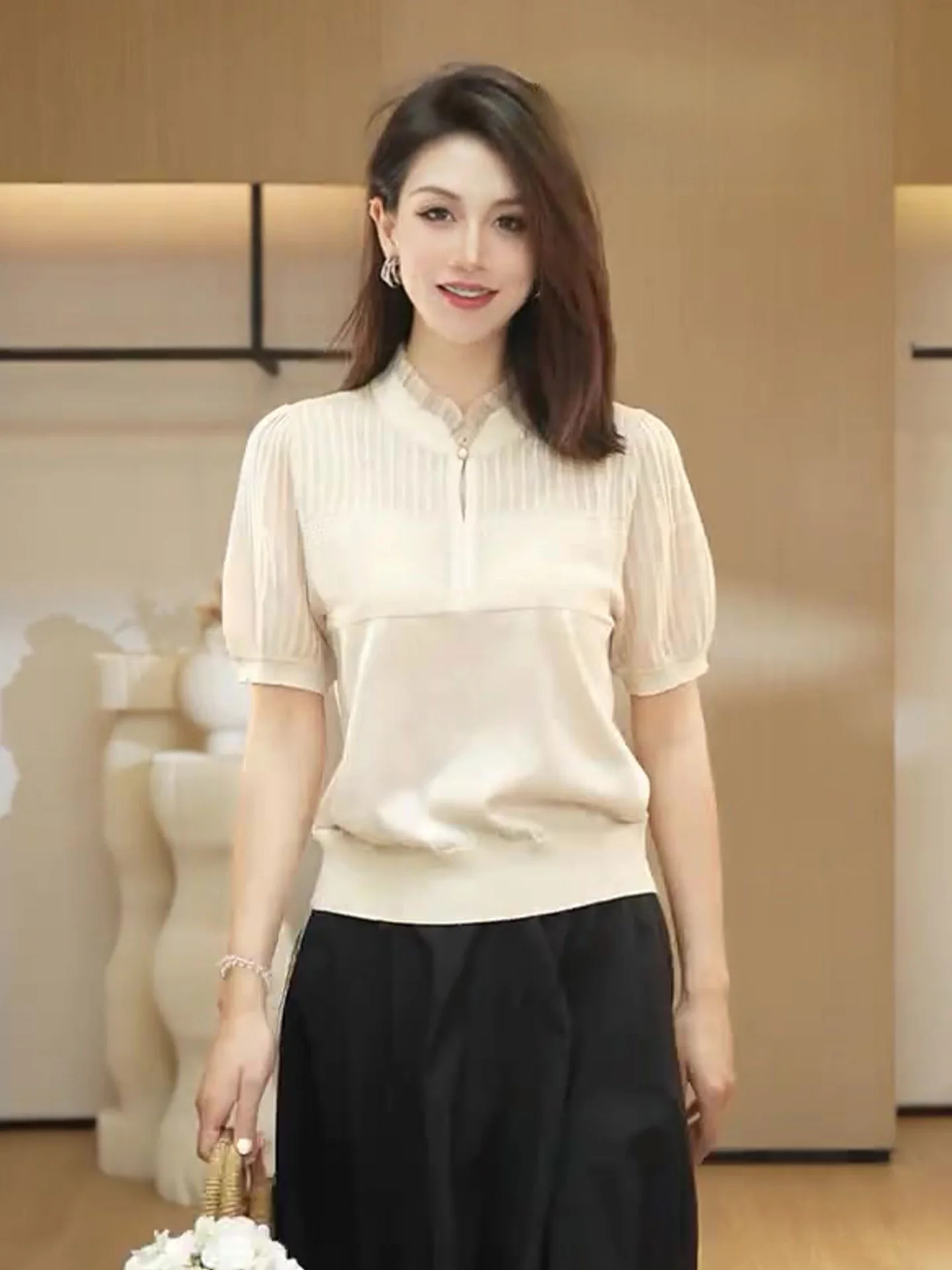 Ele Ice Silk Knitted ort Sve T-irt oulder Width Regular Summer Base Layer White Enhancing Women's Faion Top