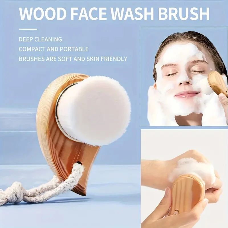Escova de limpeza facial com cabo de madeira, manual, macia, massagem facial, limpador de poros da pele, cuidados faciais, lavagem facial, 1 peça