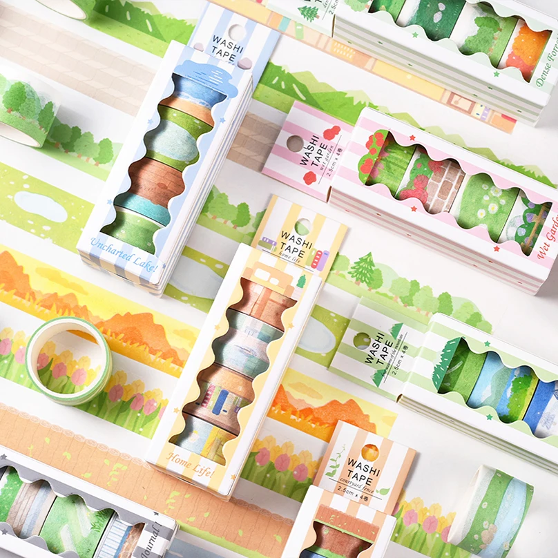 4Rolls Basic Washi Tape Set Landscape Masking Tape Journal Supplies Washitape Stickers Stationery Album Decorative Adhesive Tape