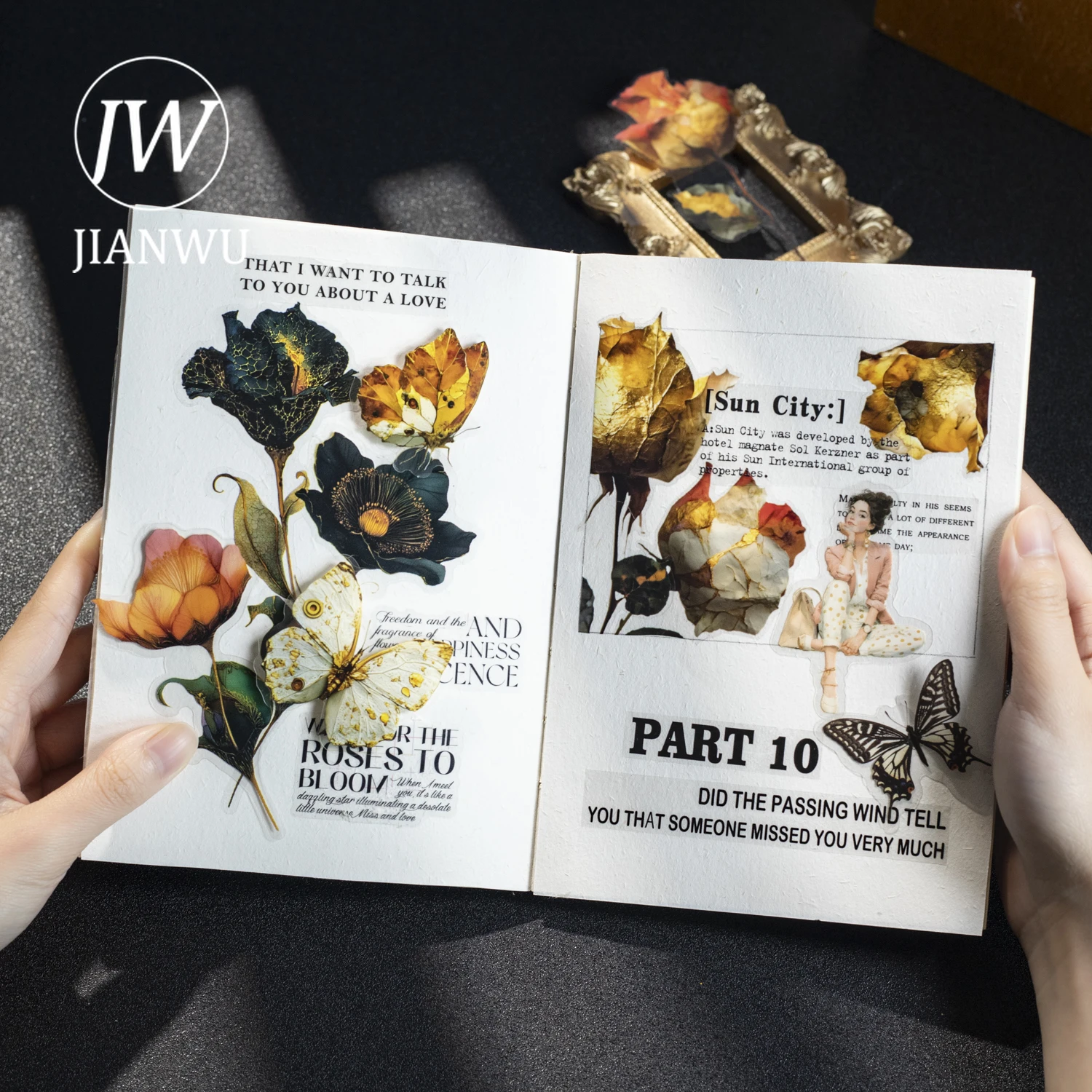 JIANWU Seria Złocone Kwiaty Cień Vintage Kwiatowy Krajobraz Materiały do Kolażu Scrapbook Naklejki PET Kreatywne DIY Dziennik Artykuły Papiernicze