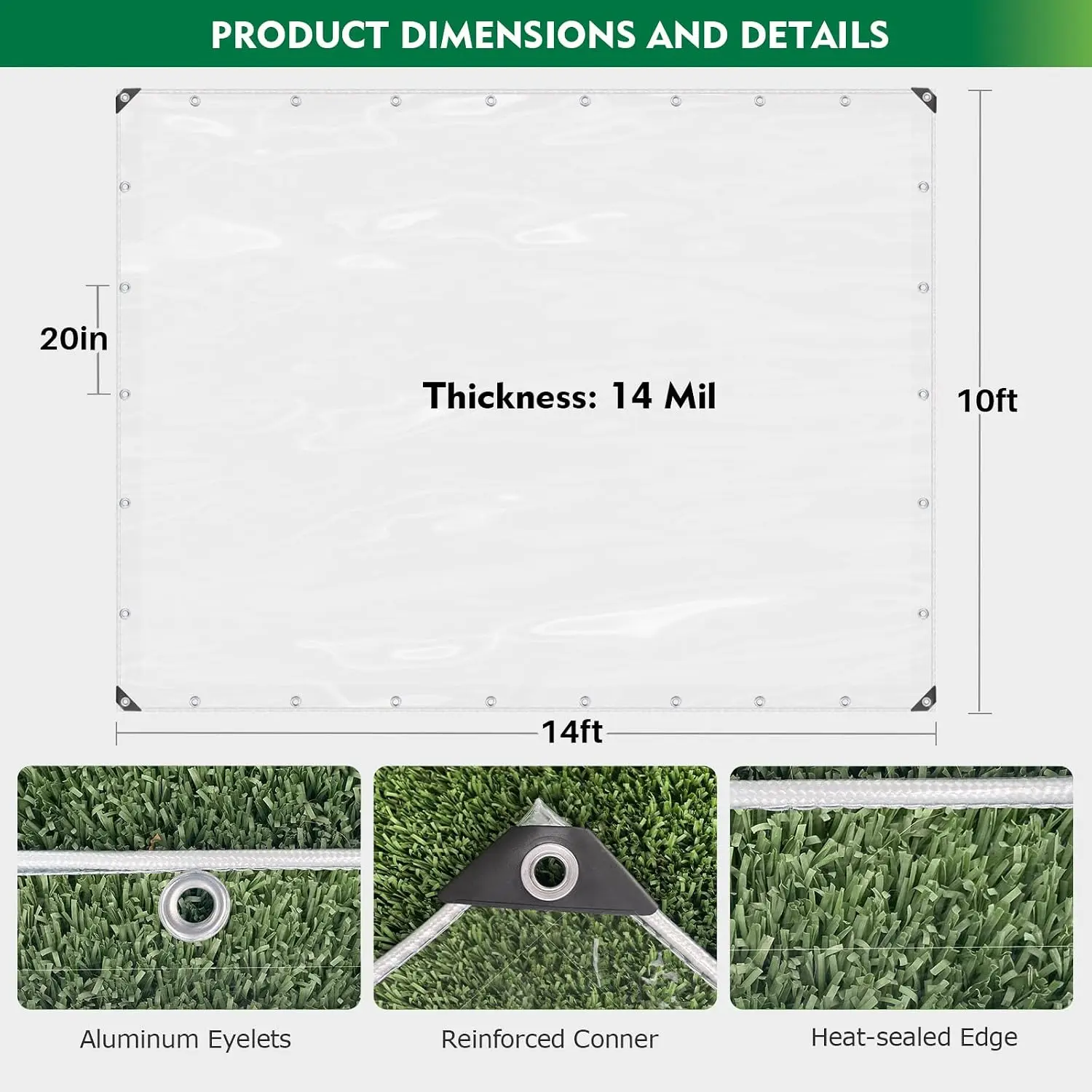 Clear Tarp Heavy Duty with Grommets 10x14 FT Waterproof PVC Tarpaulin 14 Mil for Patio Enclosure, Greenhouse Cover, Porch Roof