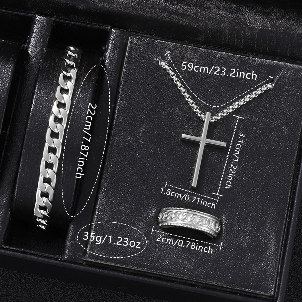 طقم ساعات رجالية مكون من 4 قطع، ساعة كوارتز عصرية للأعمال، قلادة متقاطعة، قلادة، خاتم، سوار، مجموعة مجوهرات هدية مثالية له