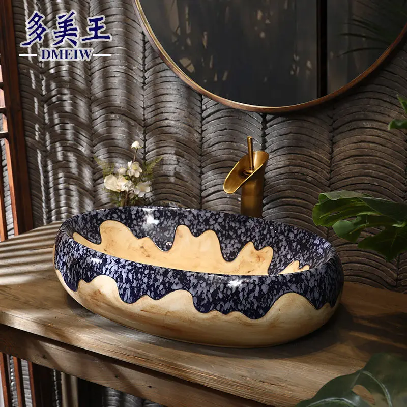 Chinese ceramic countertop basin, oval washbasin, creative vintage bathroom washbasin, art countertop basin