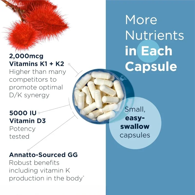 Vitamin D 5000 IU, containing 2000mcg of vitamin K as MK4, bone health, immune support - enhancing vitamin D3 (60 capsules)