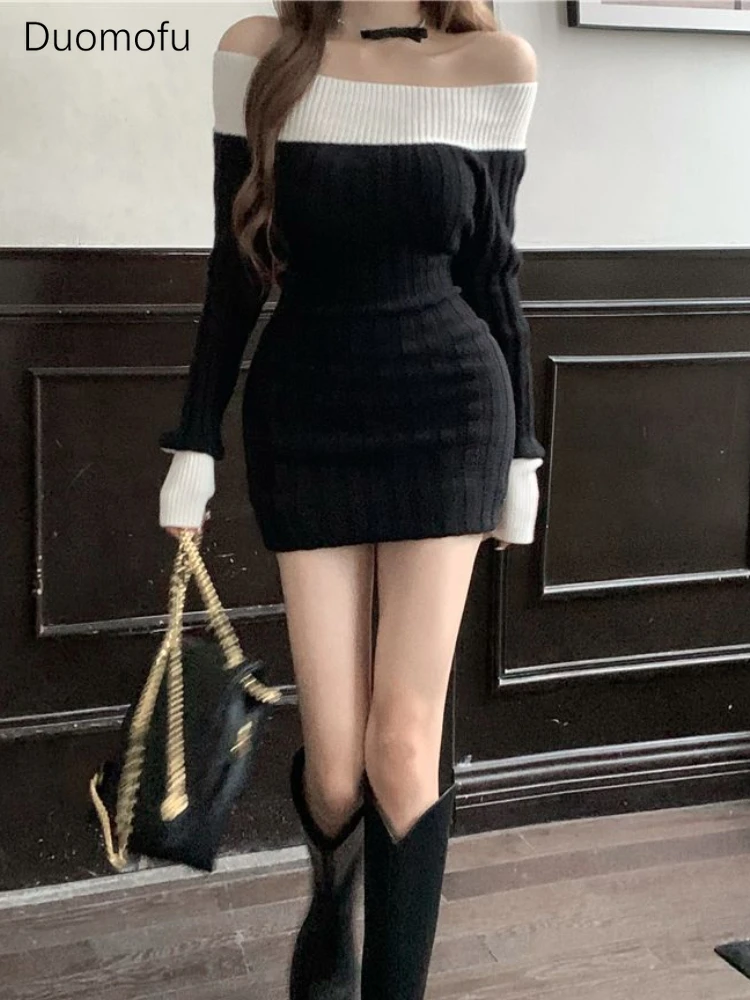 

Duomofu Korean Style Black Mini Corset Dress Women Sweet Coquette Sexy Slash Neck Long Sleeve Bodycone Knitted Dresses Winter