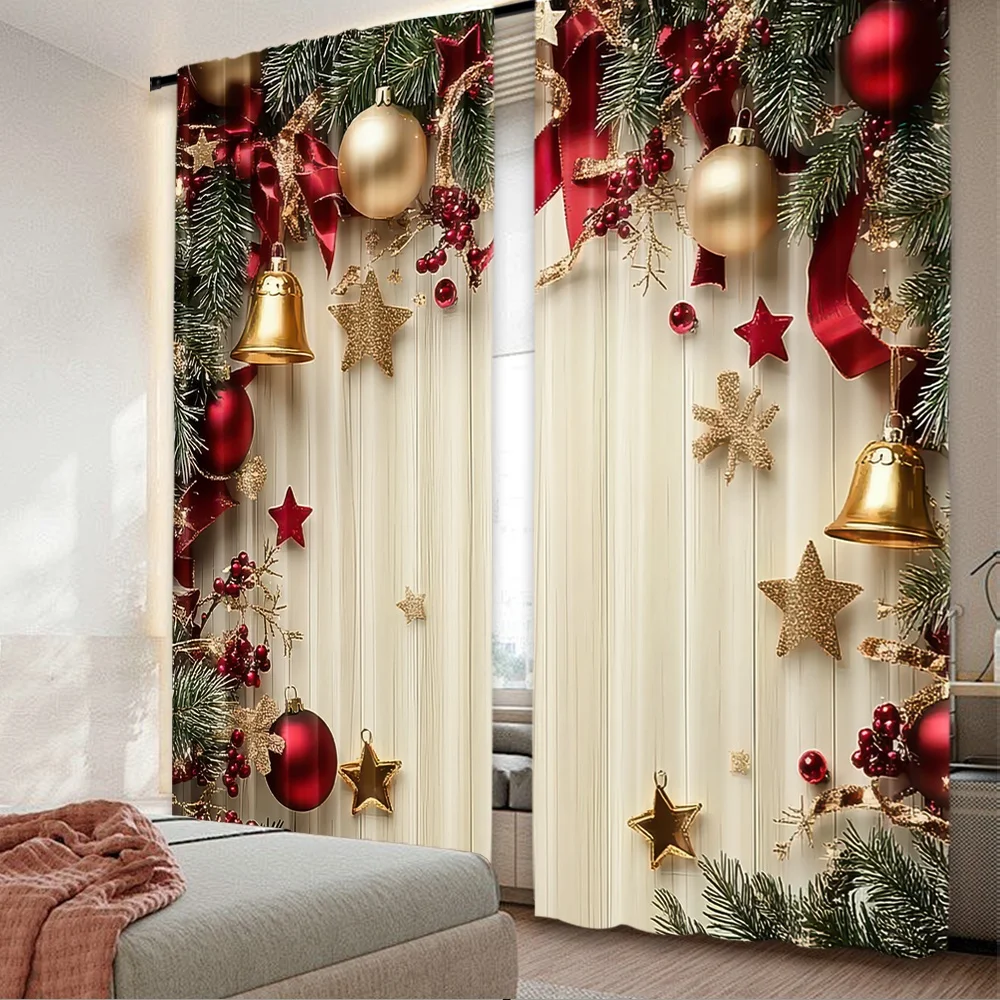 2 Stück 2D-Flachdruck-Weihnachtsfeier-Vorhänge, festlicher Rahmen, digital bedruckte Polyester-Vorhänge, festlicher Urlaub für den Eingangsbereich