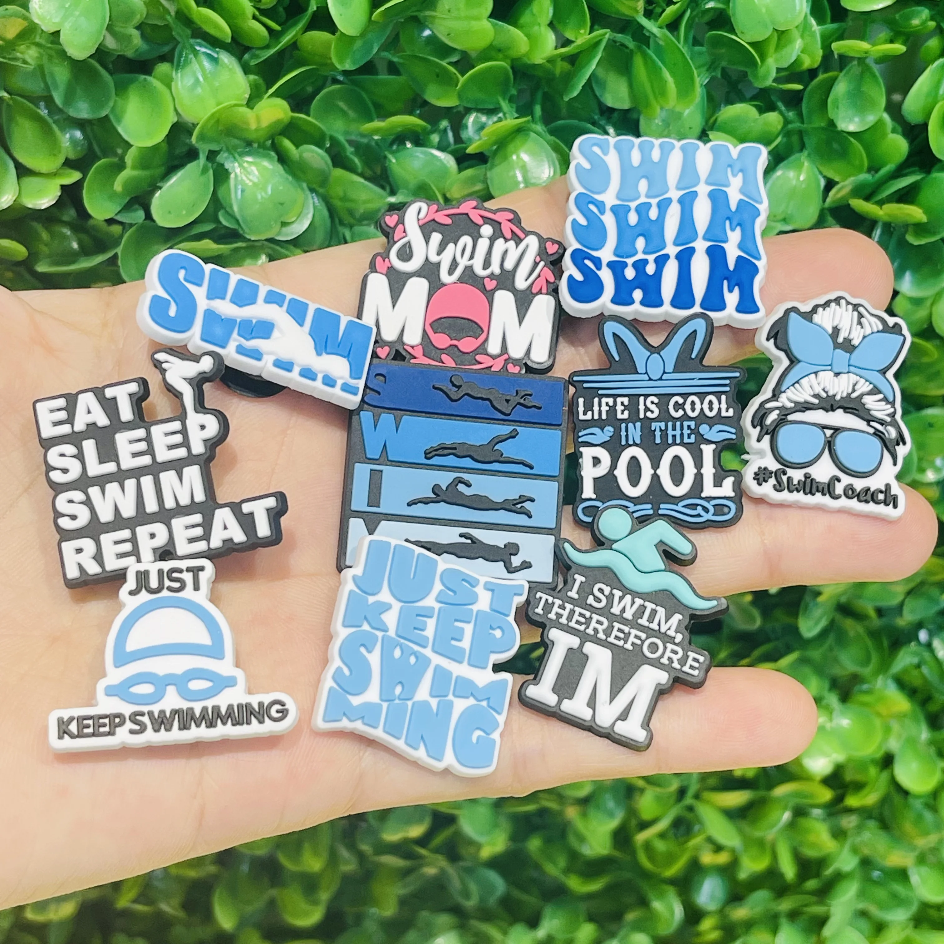 1-10pcs Eat Sleep Swim Repeat Just Keep Swimming PVC Shoe Charms Fit Wristband Hole Slipper Decoration Sandals Shoes Accessories