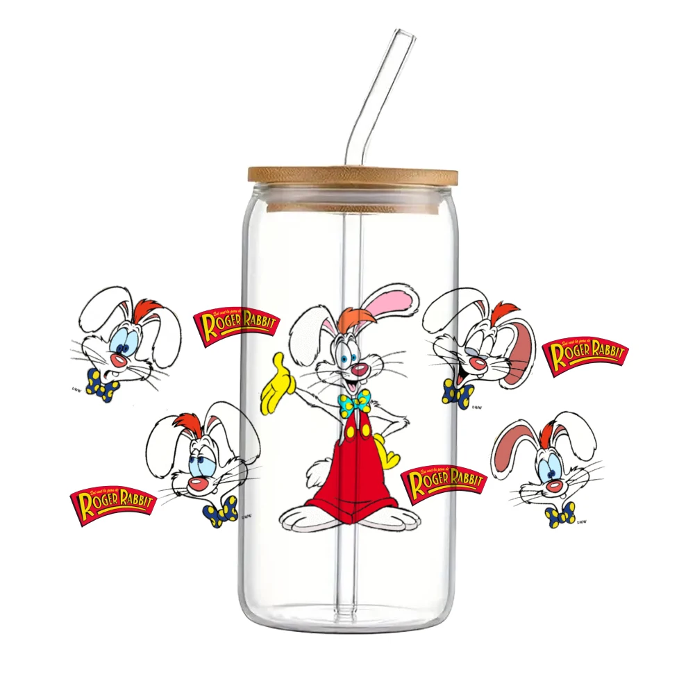 Disney Roger Rabbit stiker DTF 16oz gelas personalisasi Label stiker Transfer pembungkus UV Logo DIY perekat tahan air