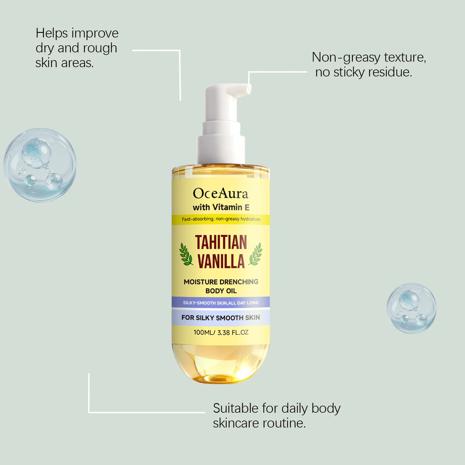 Oceaura Tahitian Vanilla Body Oil Fast Absorbing Non-Greasy Moisturizing Boost Elasticity Silky Smooth Daily Body Skin Care