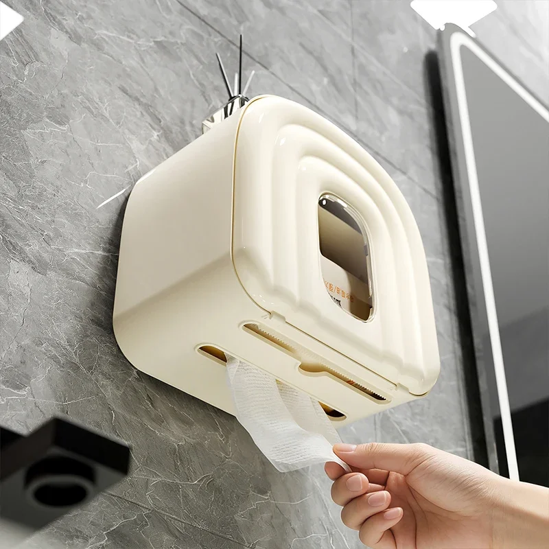 Punch-Free Wall Mounted Toilet Paper Storage Box, Waterproof Dustproof High Capacity Roll Paper Organizer for Bathroom